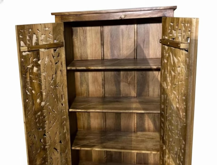 Hand-Carved Mango Wood Armoire, Indian Almirah, Wardrobe/Clothes Storage Rack Organizer