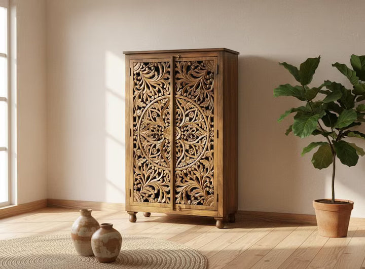 Hand-Carved Mango Wood Armoire, Indian Almirah, Wardrobe/Clothes Storage Rack Organizer