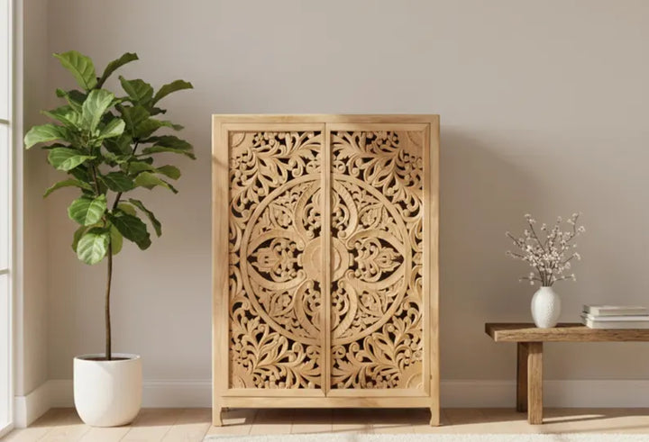 Hand-Carved Solid Mango Wood Armoire, Clothes Storage