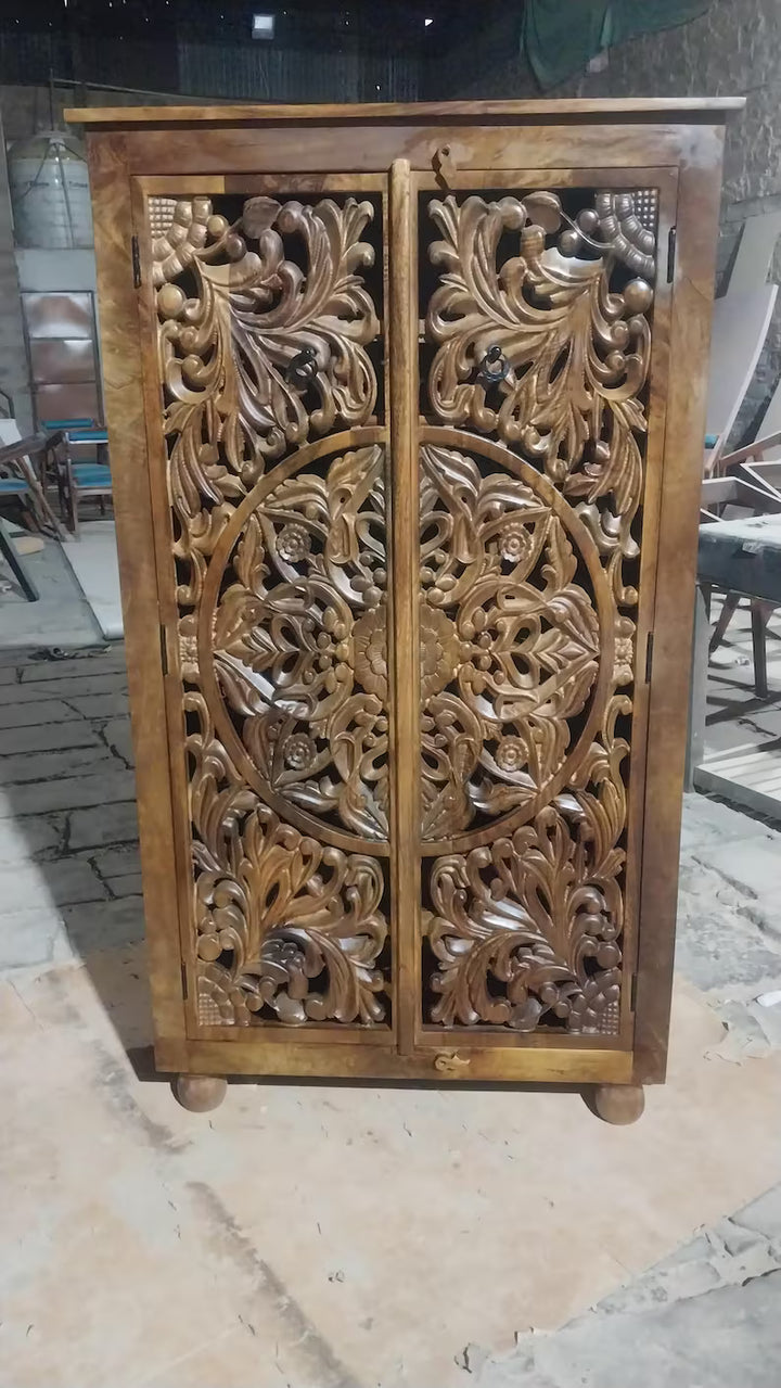 Hand-Carved Mango Wood Armoire, Indian Almirah, Wardrobe/Clothes Storage Rack Organizer