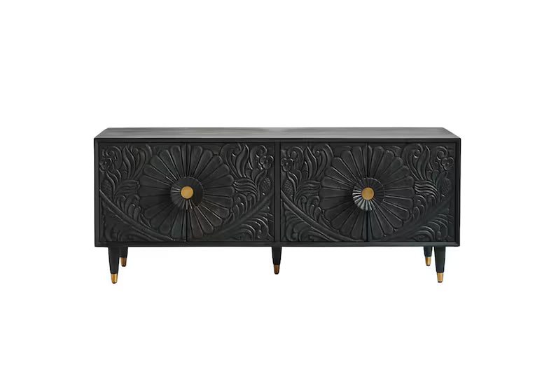 Solid Mango Sideboard Wood Hand Carved Cabinet in Black