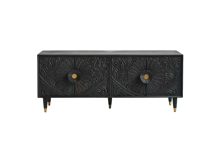 Solid Mango Sideboard Wood Hand Carved Cabinet in Black