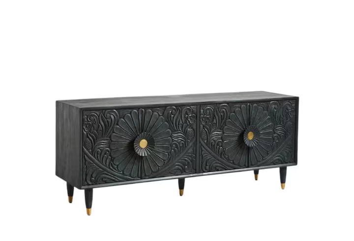 Solid Mango Sideboard Wood Hand Carved Cabinet in Black