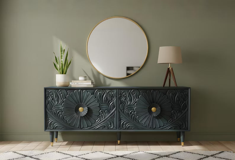 Solid Mango Sideboard Wood Hand Carved Cabinet in Black