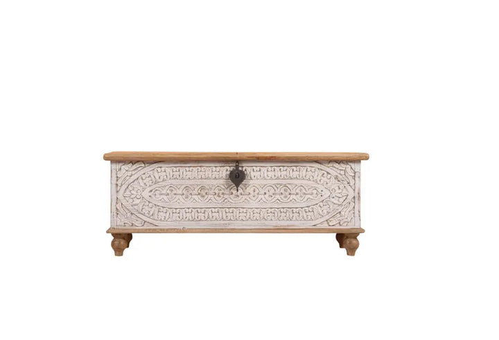 Hand Carved Mango Wood Storage Trunk, Farmhouse Coffee Table Chest, Whitewashed Rustic Blanket Box