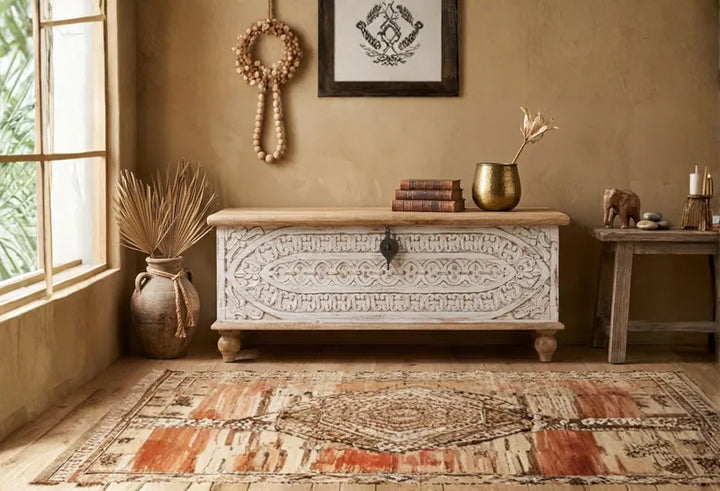 Hand Carved Mango Wood Storage Trunk, Farmhouse Coffee Table Chest, Whitewashed Rustic Blanket Box