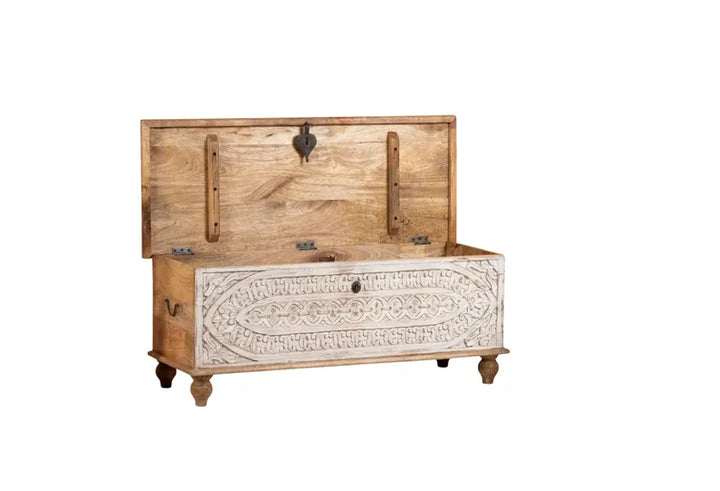 Hand Carved Mango Wood Storage Trunk, Farmhouse Coffee Table Chest, Whitewashed Rustic Blanket Box